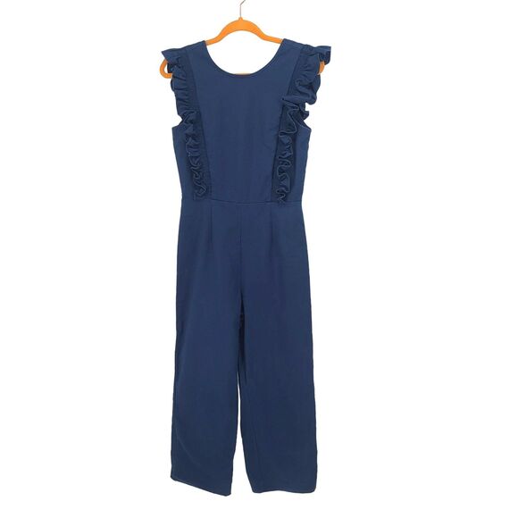 Gianni Bini Ruffle Liam Ruffle Crop Jumpsuit Navy Size 6 - Picture 1 of 8